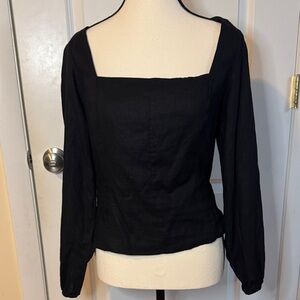 NEW Gap women's square neck peasant top linen blend Black size Med tie backing